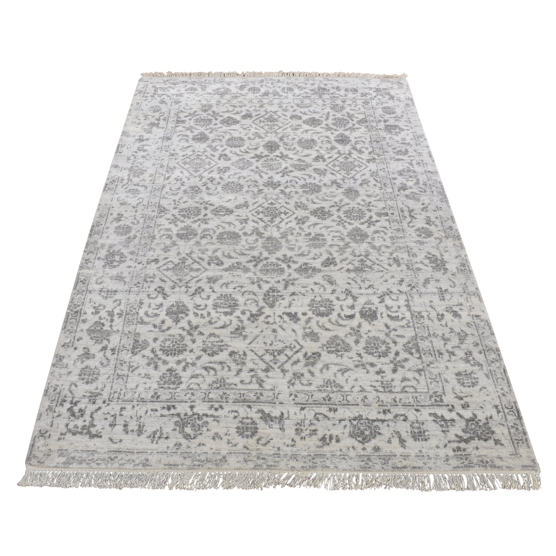 4'1"x6'2" Ivory, Broken and Erased Tabriz Fish Mahi Design, Wool and Silk, Hand Knotted, Tone on Tone, Oriental Rug 